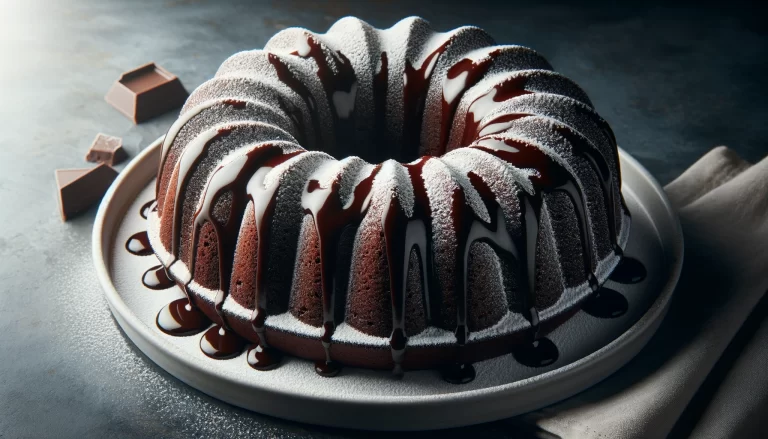 DALL·E 2024-03-18 11.10.09 - A chocolate cake made in a bundt pan, drizzled with chocolate sauce, and dusted with powdered sugar